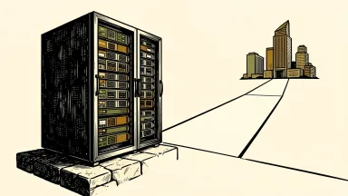 Exascale Labs revenue growth: a server rack on a stone foundation with a path leading toward a Nasdaq building.