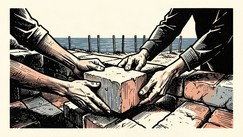 An editorial illustration showing the reconstruction of a stone wall by the sea, representing post-conflict rebuilding and territorial integrity.