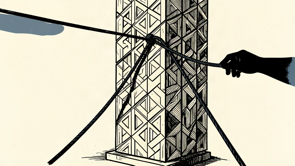 An editorial illustration showing a rising geometric tower being restrained by a heavy, taut cable to represent a pause in scaling.