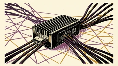 Nvidia and Cisco's new 12.8Tb/s pluggable module: a network transceiver with cooling fins connected to a dense, expanding grid of data lines.