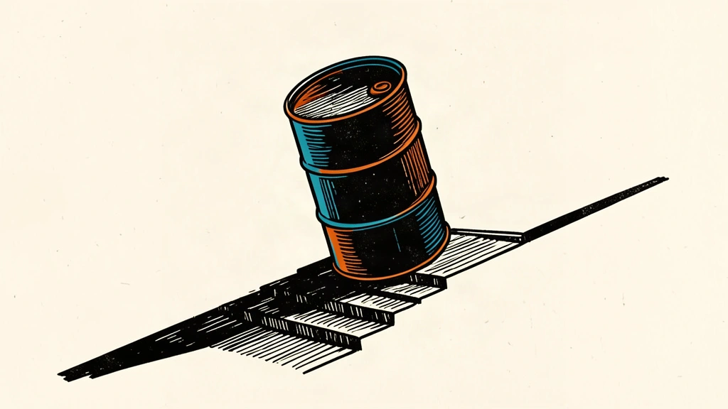 An editorial illustration of an oil barrel sinking into a series of descending steps, representing a price decline.