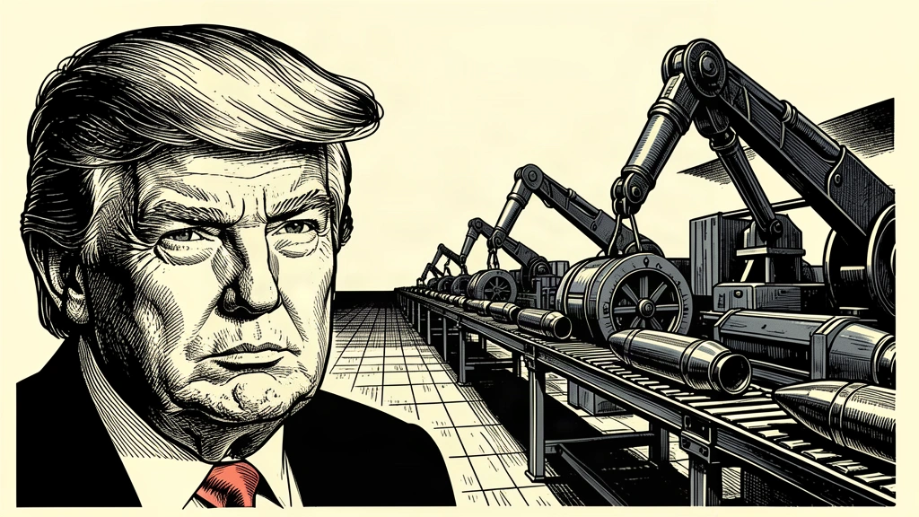 An editorial illustration showing Donald Trump next to a defense manufacturing line where large shells are being moved by robotic arms. Identity photo references adapted into illustration: Daniel Torok (Public domain; https://commons.wikimedia.org/wiki/File:Official_Presidential_Portrait_of_President_Donald_J._Trump_(2025).jpg); source https://commons.wikimedia.org/wiki/File:Official_Presidential_Portrait_of_President_Donald_J._Trump_(2025).jpg