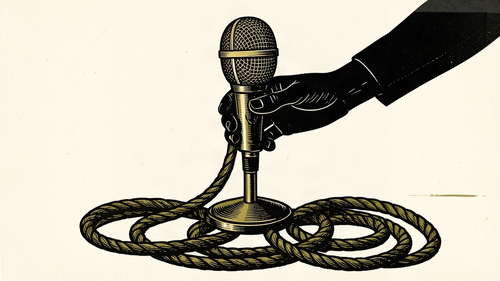 A broadcast microphone with six heavy cables coiling on a desk, adjusted by anonymous hands.