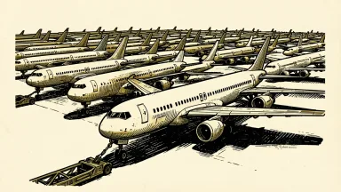FTAI acquires a fleet of Boeing aircraft from WestJet: a dense formation of planes being moved together by a single industrial tow bar.