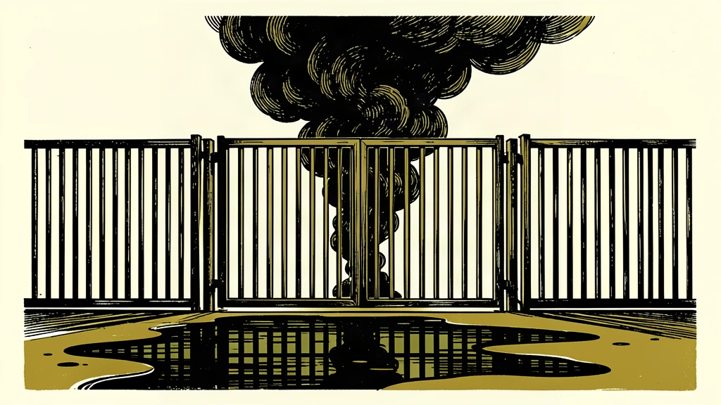 An editorial illustration of a closed military gate with a dark plume of smoke rising in the distance, representing the reported attack and the resulting surge in oil prices.