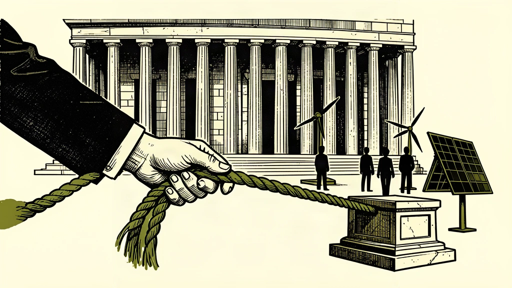 An editorial illustration showing a hand redirecting a green rope away from renewable energy symbols toward a bank building.