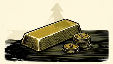 Goldman Sachs earnings: a gold bar and coins with an upward shadow arrow.
