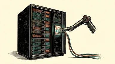 GoDaddy launches Node.js Hosting for AI tools: a mechanical arm connects a cable to a large server rack.