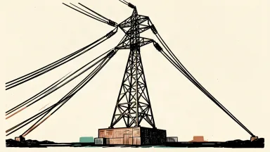 CenterPoint Energy grid modernization: a tall electrical transmission tower being reinforced by a heavy foundation block.