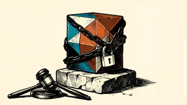 Alphabet facing a securities fraud lawsuit over Gemini 3.5 Pro: a geometric AI tile is chained to a pedestal next to a legal gavel.