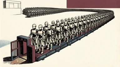 SailPoint report on AI agent security: a long line of robotic figures on a conveyor belt bypasses a single, small security gate.