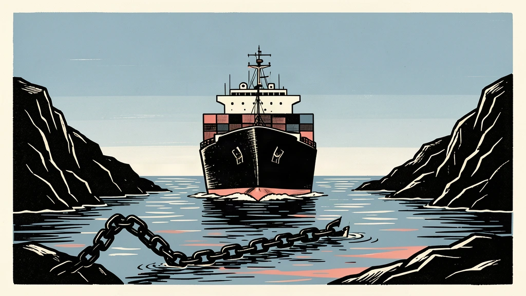 An editorial illustration showing a cargo ship passing through a strait where a heavy chain has been broken.