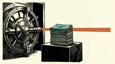 An editorial illustration showing a stack of money rising above a horizontal guidance bar in front of a bank vault door.