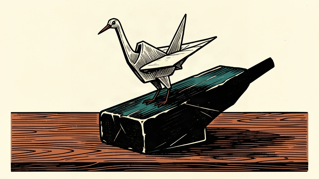 An editorial illustration showing a small paper crane standing its ground on a tilting wooden plank against a heavy stone weight.