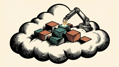 Cognizant transforming SITA's finance operations: a mechanical arm precisely places a block into a financial structure resting on a large cloud.