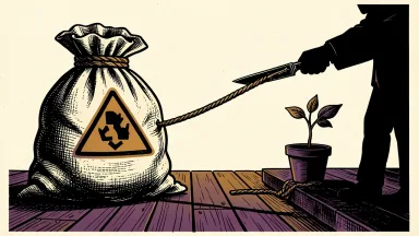 Corteva and Vylor face a fraud lawsuit over a spinoff: a heavy hazard sack is tied by a rope to a small seedling, with a blade cutting the connection.