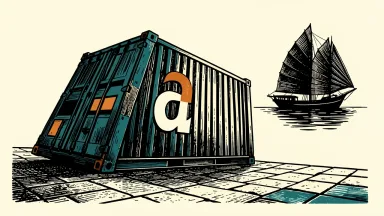Alibaba shares in Hong Kong under pressure: a shipping container with a stylized 'a' icon tilts downward on a pier near a traditional junk boat.