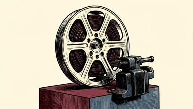 Warner Bros. Discovery trading halted by Nasdaq: a large film reel is secured by a heavy mechanical clamp on a solid base.