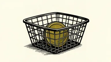 An editorial illustration of a single large coin resting inside a sturdy wire grocery basket, symbolizing a corporate dividend.