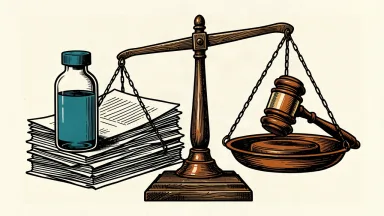 Nektar Therapeutics wins a legal award against Eli Lilly: a pharmaceutical vial and documents on a balance scale outweighed by a wooden gavel.
