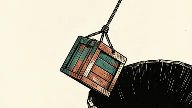 Dropbox stock downgraded to Sell: a wooden storage crate being lowered by a rope into a dark pit.