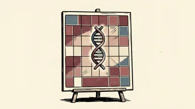 Sarepta gene therapy data presentation: a DNA strand displayed on a large scientific poster board with a grid of geometric tiles.
