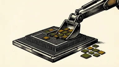 Nvidia expands its share buyback program: a large GPU chip using a mechanical arm to pull smaller chip tiles back toward itself.