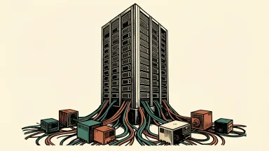 Boost Run expanding AI infrastructure: a large NVIDIA-powered server rack with thick cables connecting to a network of CPU nodes and storage units.
