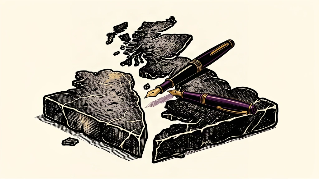 An editorial illustration showing a stone map of the UK being separated into distinct pieces by deep cracks, with a large pen resting in a gap.