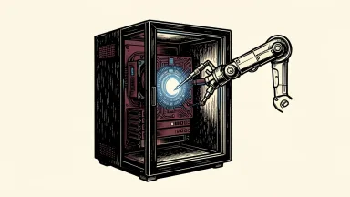 DigitalOcean launches self-improving AI agent services: a server rack with a mechanical arm adjusting its own internal components.