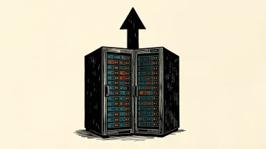 NetApp stock upgraded by Evercore ISI: an enterprise data storage server rack stands before a large upward-pointing arrow.