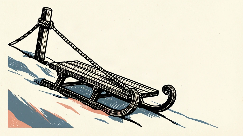A wooden sled on a snowy slope is held by a taut rope, preventing it from sliding further down.