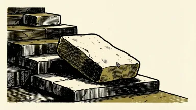 RELX shares underperforming the FTSE 100: a large, heavy stone block rests on a lower step while a smaller market block remains on a higher level.