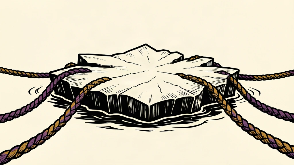 An editorial illustration of a large ice floe held in place by two thick, steady ropes from opposite sides, symbolizing a stable diplomatic path.