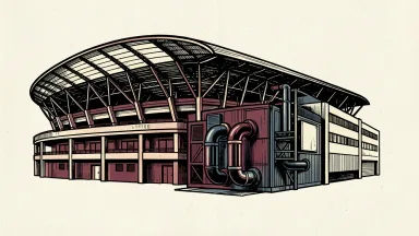 Trane Technologies climate partnership with Kroenke Sports & Entertainment: a large stadium connected to a modern industrial HVAC unit by a network of clean pipes.