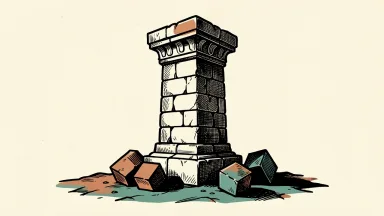 Microsoft upgraded to buy as a stabilizing force in AI: a solid stone pillar stands firm while smaller geometric blocks tilt on uneven ground.