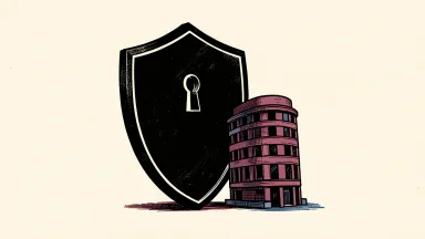 SoftBank in talks to acquire Allied Universal, depicted as a corporate building leaning against a security shield.