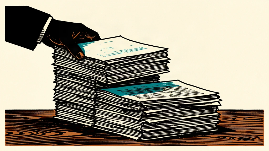 An editorial illustration showing a large stack of papers with a quarter of the pile being lifted away by a pair of hands.