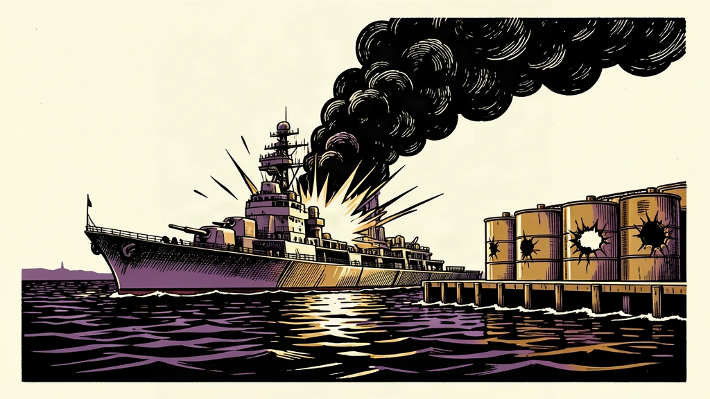 An editorial illustration showing a naval vessel and fuel storage tanks at a port being struck by an explosion, with heavy black smoke rising into the air.