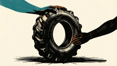 Agco leadership transition for Fendt and Valtra: two silhouetted hands grip the rim of a massive tractor tire from opposite sides.
