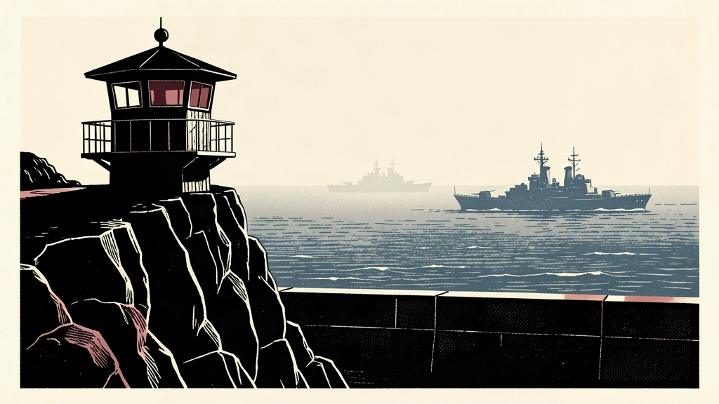An editorial illustration showing a dark coastal lookout point facing a group of distant naval ships across a wide sea, representing a verbal warning and military tension.
