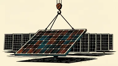 First Solar stock upgraded to sector weight: a solar panel is lifted by a crane to align perfectly with a row of other panels.