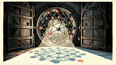 IonQ receives a Buy rating from BofA Securities: a heavy bank vault door opens to reveal a glowing quantum computing processor core.