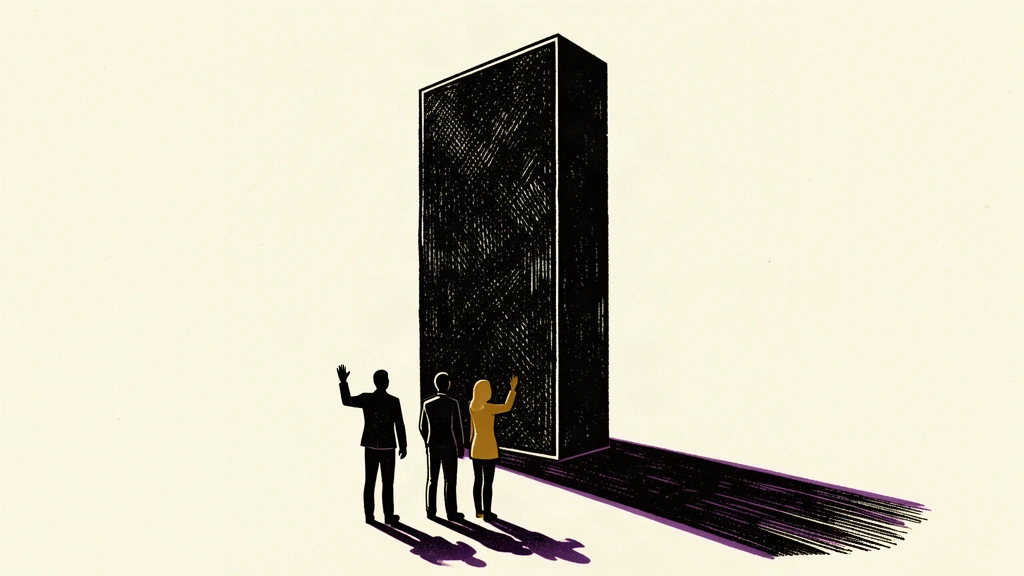 An editorial illustration showing three small human figures standing before a giant, imposing geometric monolith, representing the warning about AI's scale and risk.