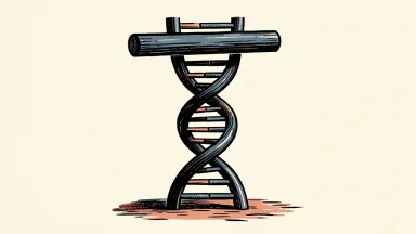 Caribou Biosciences price target cut: a stylized DNA double helix compressed by a heavy horizontal bar.