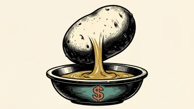 Lamb Weston cash flow guidance: a large potato on a stone pedestal with a stream of liquid gold flowing into a basin marked with a dollar sign.
