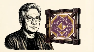 Nvidia CEO Jensen Huang emphasizing AI safety: a portrait of Huang beside a digital tile secured within a heavy protective frame. Identity photo references adapted into illustration: Photographer: Peter Dasilva (CC BY 4.0; https://creativecommons.org/licenses/by/4.0); source https://commons.wikimedia.org/wiki/File:Jensen_Huang_(cropped)_(2024).jpg