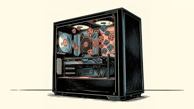 An illustration of a PC tower where search icons are generated directly from the internal graphics hardware.