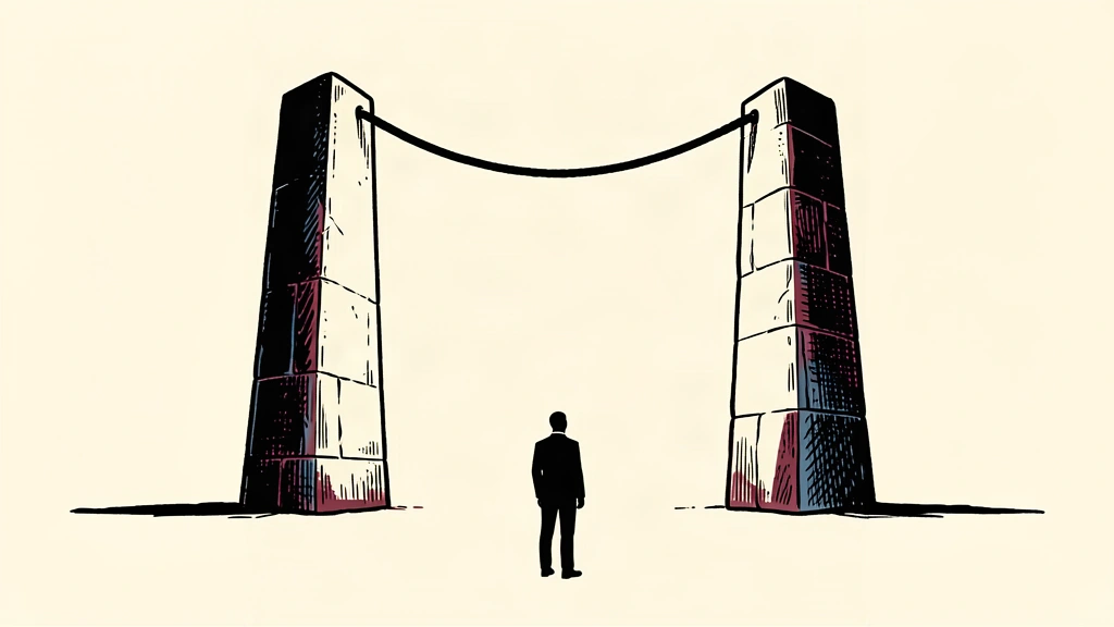 An editorial illustration showing a single cable connecting two distant stone pillars, representing a diplomatic forecast of understanding.