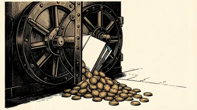 HDFC Bank securities fraud lawsuit: a heavy bank vault door is propped open by a stack of marketing brochures as gold coins spill out.